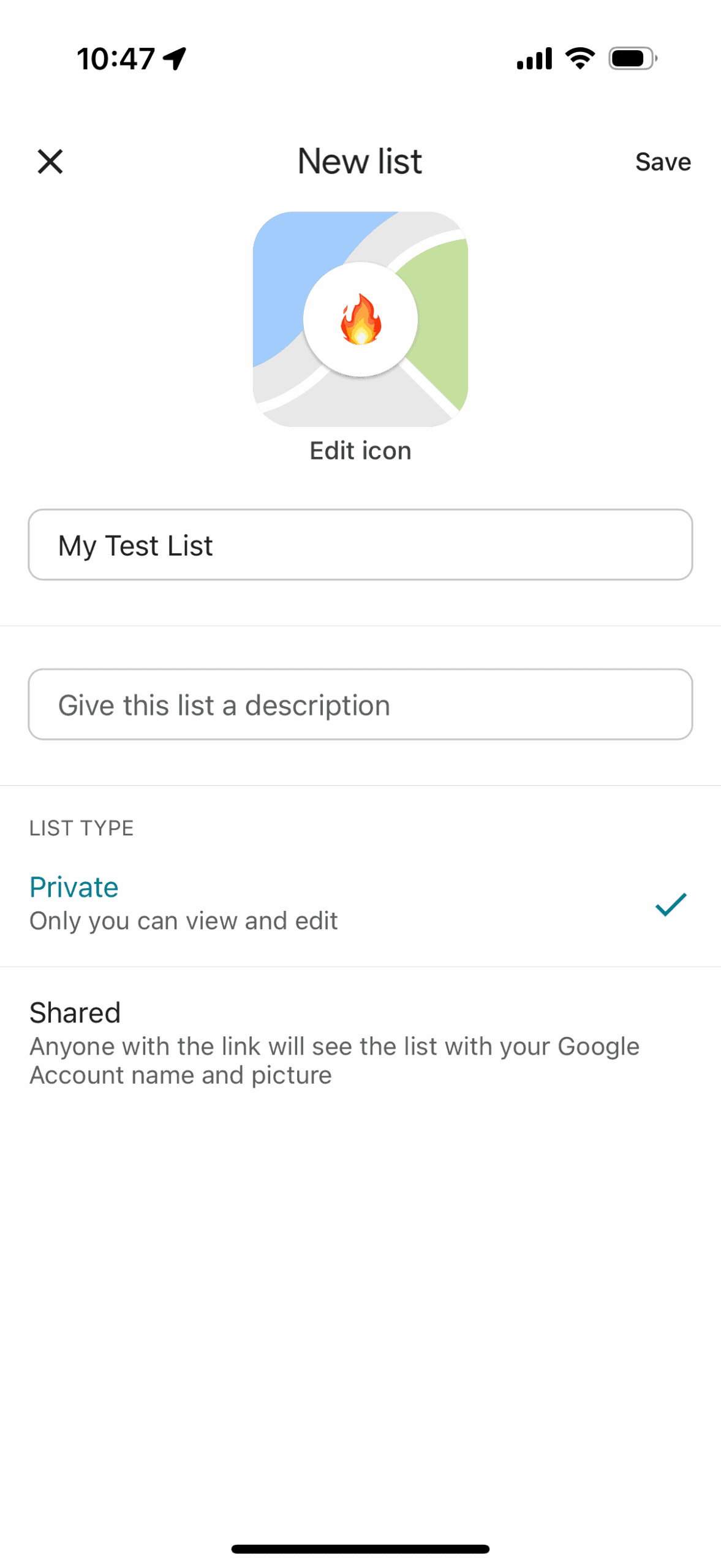 A screenshot of google maps titled "New List". The fire emoji icon is selected and the list is named "My Test List"