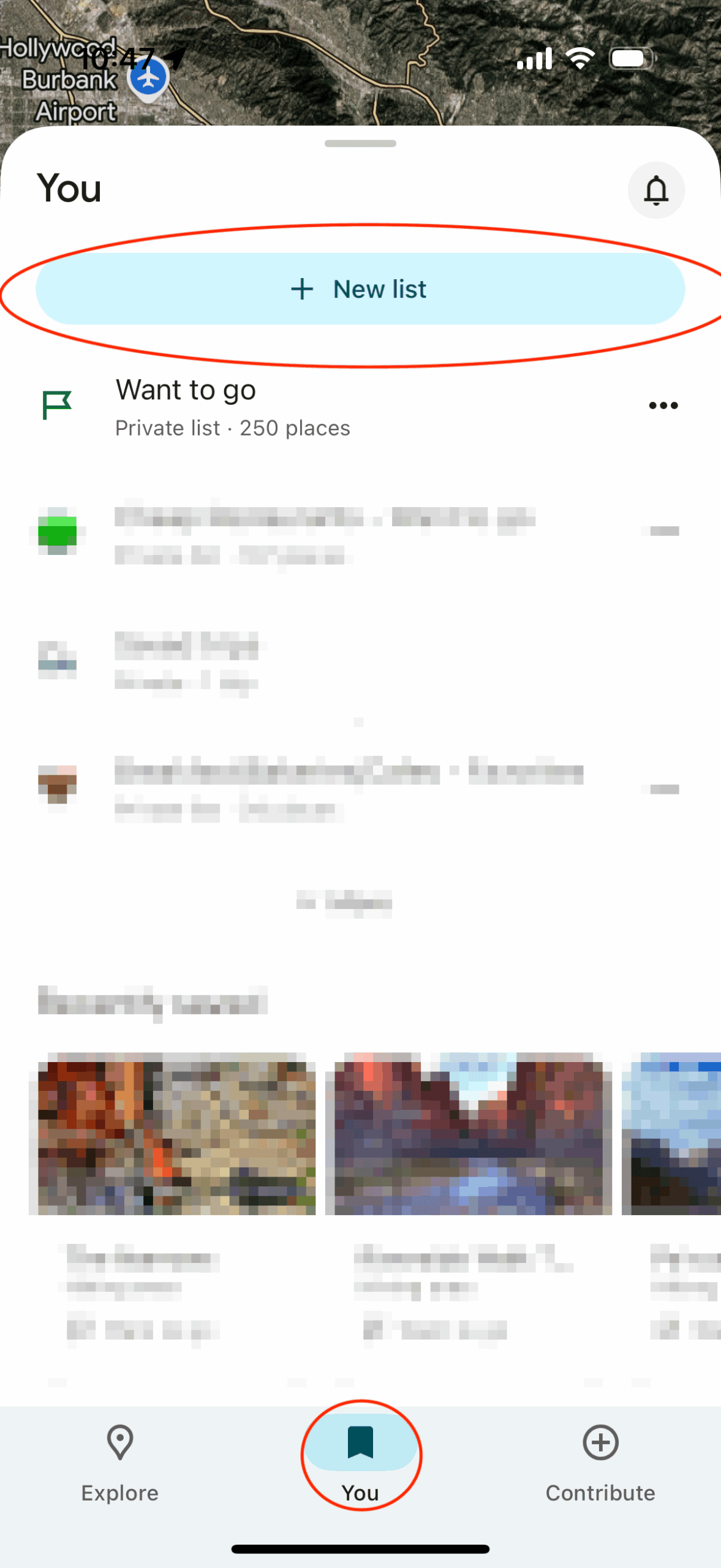 Screenshot of google maps on mobile with "You" tab selected. The "You" icon and "New List" button are circled in red to highlight their significance.