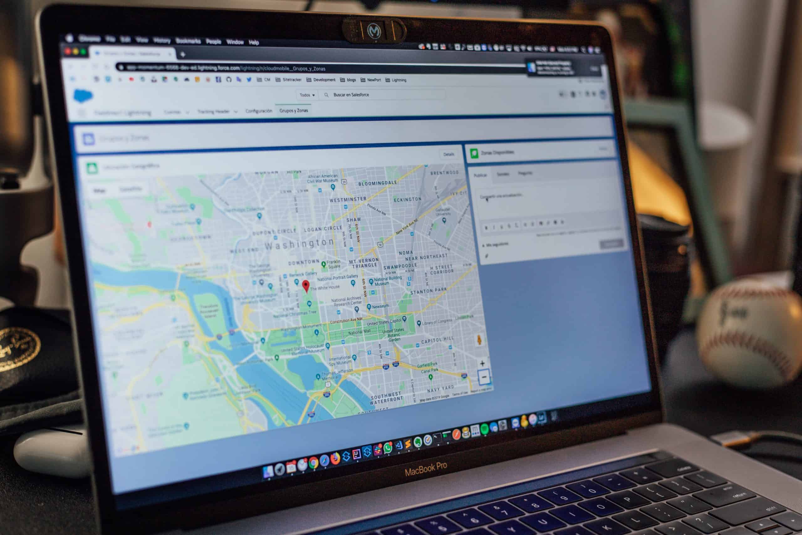 A laptop screen displaying a map of washington d.c. on a web-based mapping service.