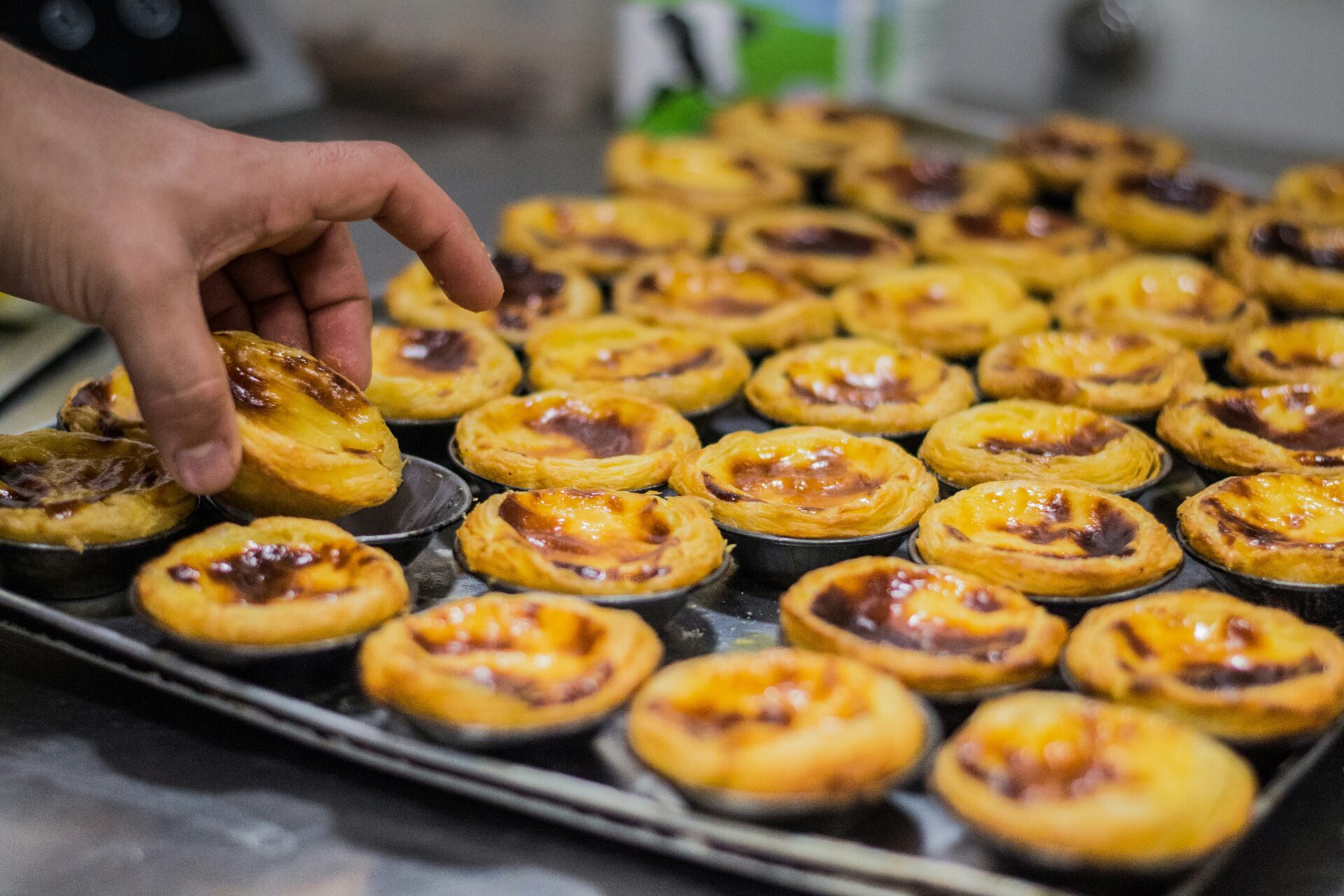 A person selecting a freshly baked pastel de nata from a tray full of portuguese custard tarts.