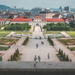 Formal gardens and walking paths leading to a classical palace with the city skyline in the background.