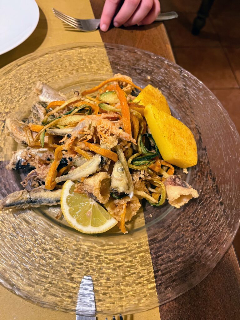 A plate of mixed fried seafood