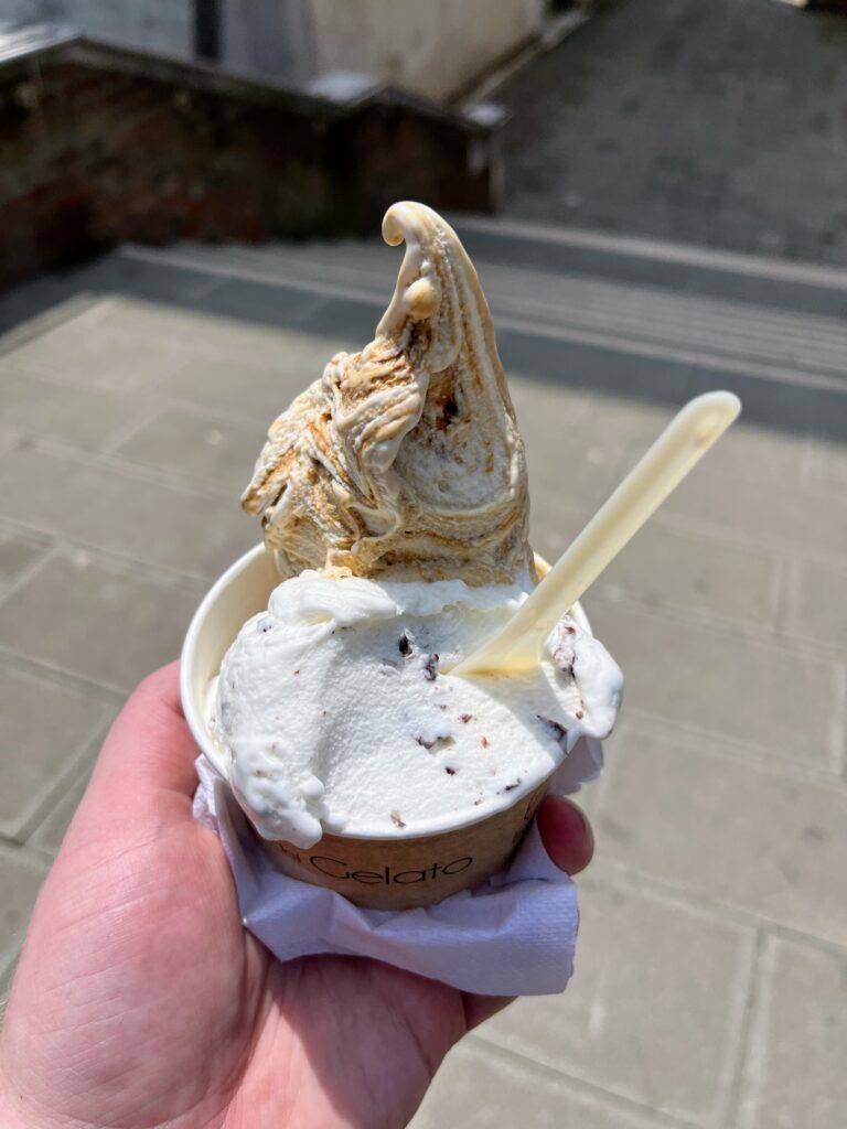 A cup of brown and white gelato in a person's hand with a small spoon stuck inside