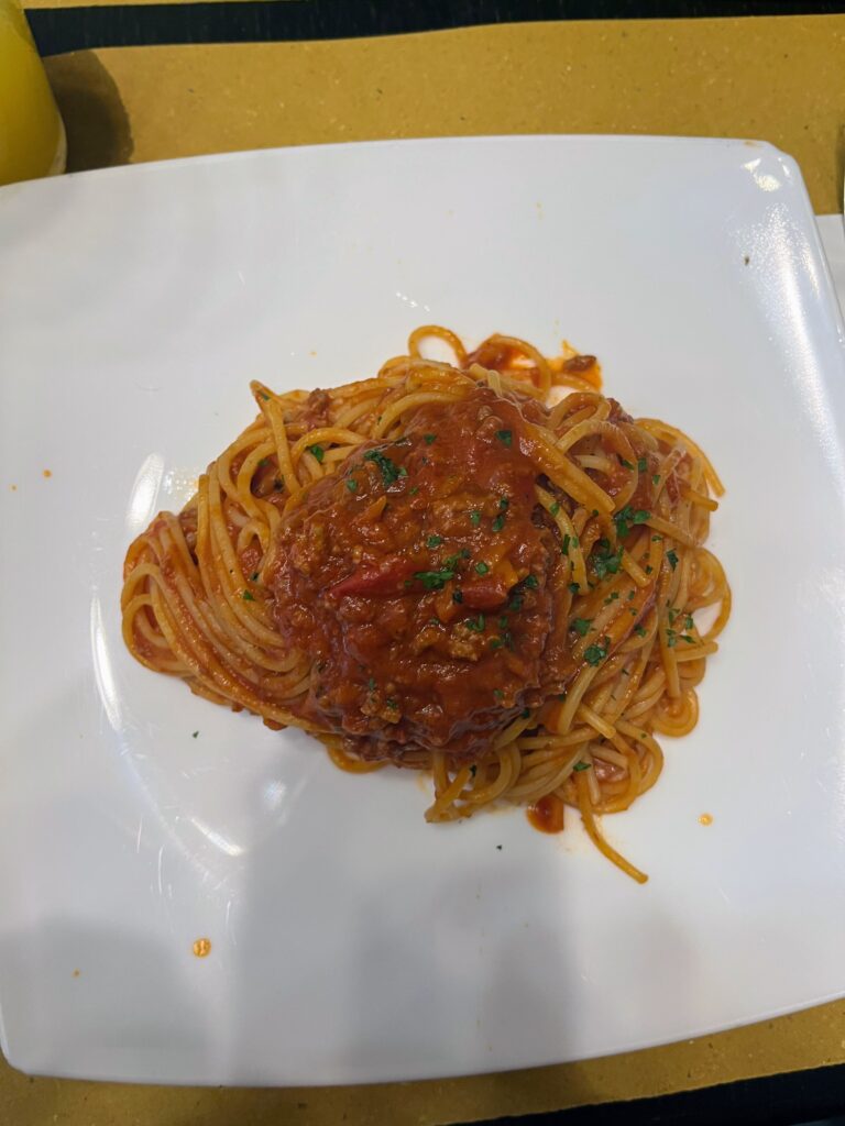 A plate of pasta with red meat sauce