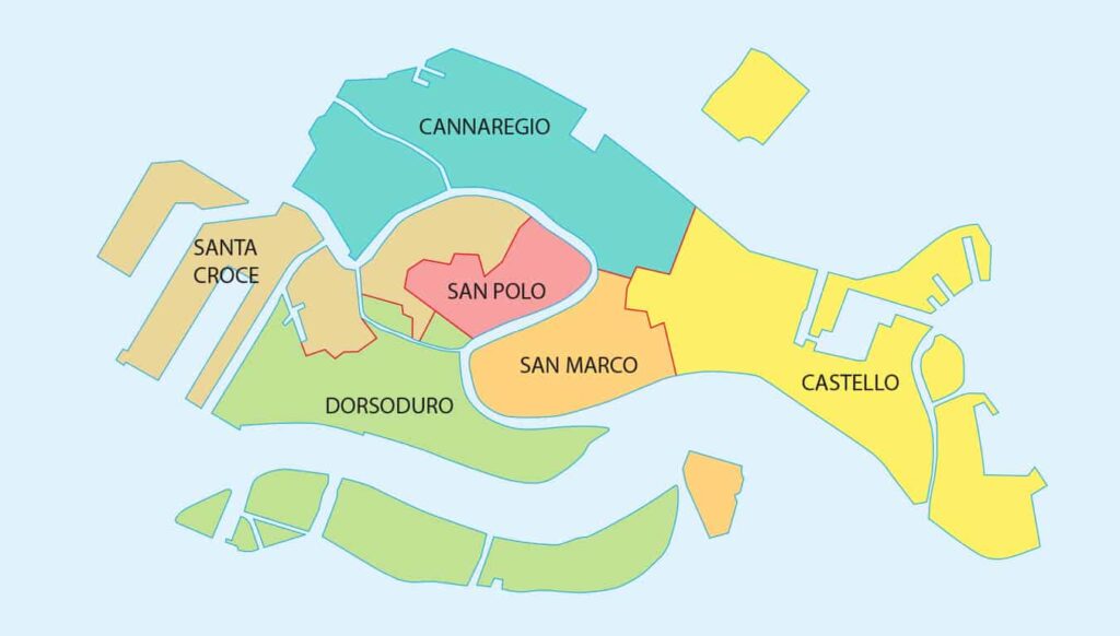 A map of Venice with colored blocks representing different neighborhoods